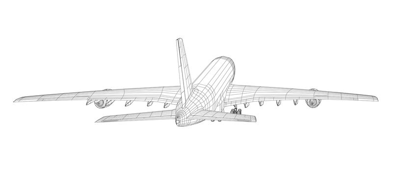 Passenger aircraft. 3d illustration. Wire-frame style. The layers of visible and invisible lines are separated