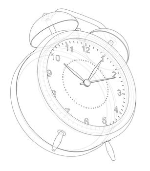 Alarm clock sketch. 3d rendering. Wire-frame style