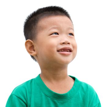 Headshot of happy Asian child smiling and looking up with hope. Portrait of young boy isolated on white background.