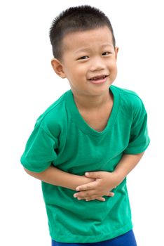 Asian child smiling and holding stomach with hands. Portrait of young boy isolated on white background.