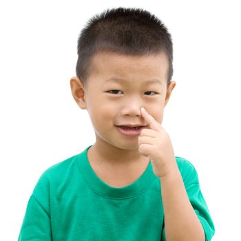 Happy Asian child pointing his nose and smiling. Portrait of young boy showing body parts isolated on white background.