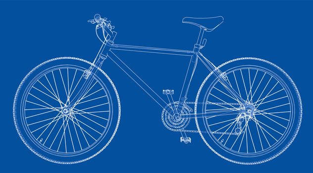 Bicycle blueprint 3d illustration. Wire-frame style on blue background