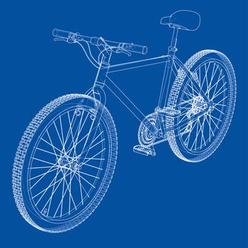 Bicycle blueprint 3d illustration. Wire-frame style on blue background