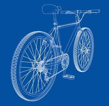 Bicycle blueprint 3d illustration. Wire-frame style on blue background