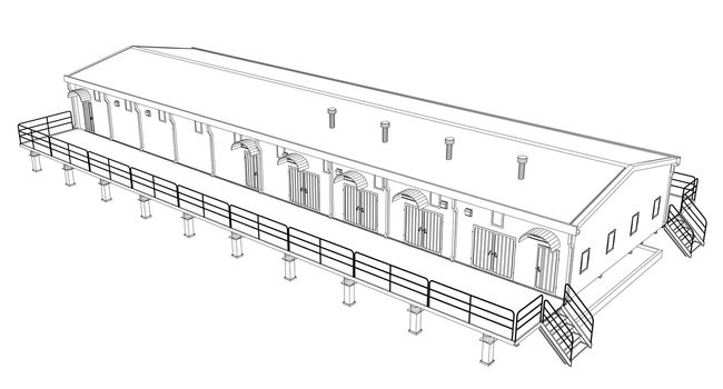 Wire-frame industrial building on the white background. 3d rendering. Wire-frame style