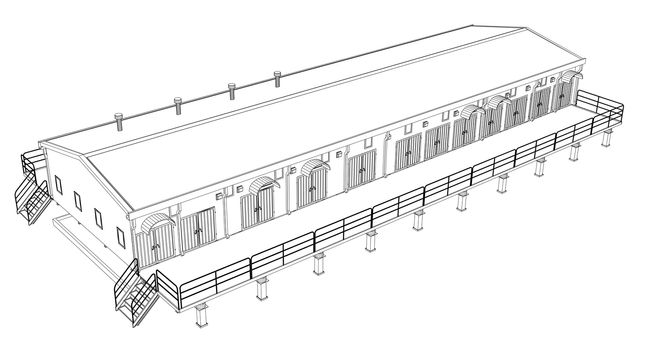 Wire-frame industrial building on the white background. 3d rendering. Wire-frame style