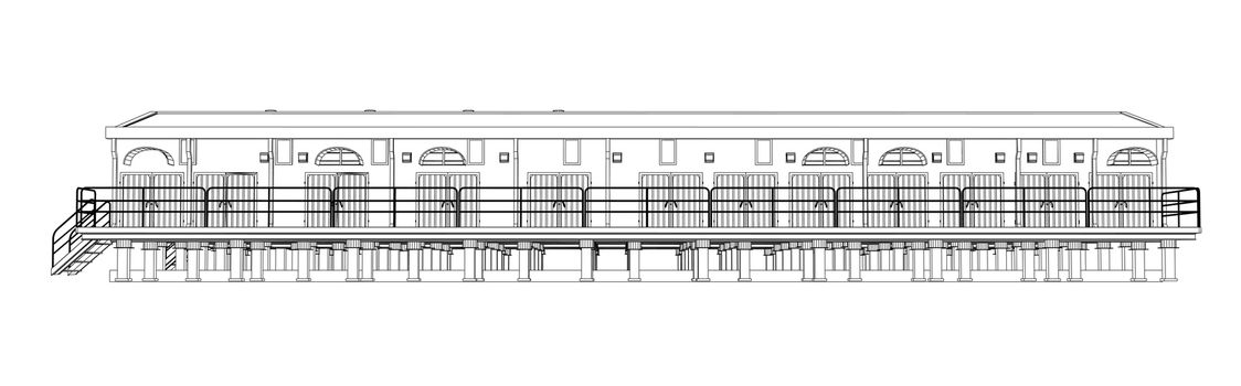 Wire-frame industrial building on the white background. 3d rendering. Wire-frame style