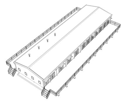 Wire-frame industrial building on the white background. 3d rendering. Wire-frame style