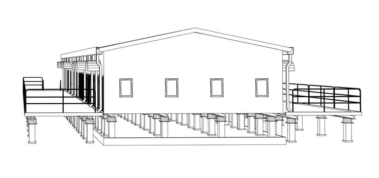 Wire-frame industrial building on the white background. 3d rendering. Wire-frame style