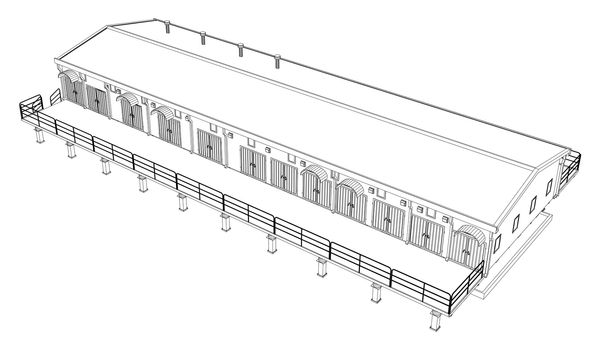 Wire-frame industrial building on the white background. 3d rendering. Wire-frame style