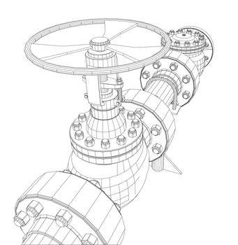 Wire-frame industrial valves. 3d rendering on white background