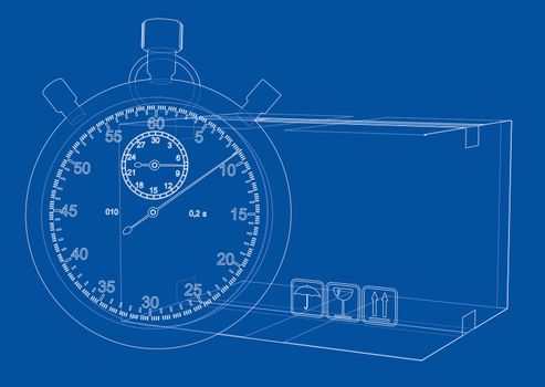 Stopwatch with cardboard box sketch. 3d rendering. Wire-frame style