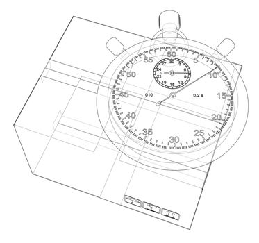 Stopwatch with cardboard box sketch. 3d rendering. Wire-frame style