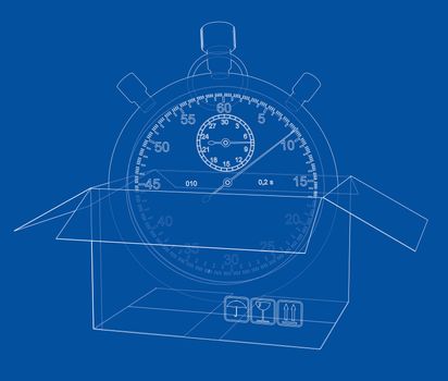 Stopwatch with cardboard box sketch. 3d rendering. Wire-frame style