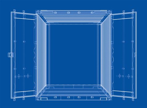 Cargo container. Wire-frame or blueprint style. 3d illustration