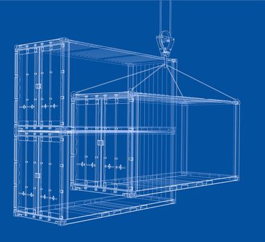 Cargo container. Wire-frame or blueprint style. 3d illustration