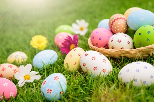 Happy easter!  Closeup Colorful Easter eggs in nest on green grass field during sunset background.