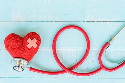 World health day, Healthcare and medical concept. Red heart with Stethoscope, notepad or notebook, thermometer and yellow Pill on Pastel white and blue wooden table background texture.