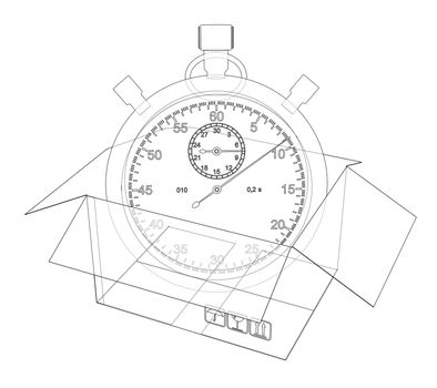 Stopwatch with cardboard box sketch. 3d rendering. Wire-frame style