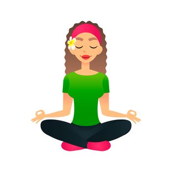 Cartoon young beautiful girl practicing yoga in a lotus pose. Flat women meditates and relaxes. Physical and spiritual therapy concept. Mind body spirit. Lady in lotus position.