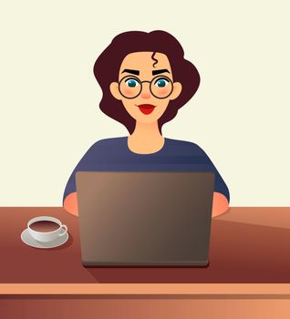 Girl freelancer. Young woman in glasses works at home sitting in front of a laptop. Cartoon flat girl working online or studying and learning while using notebook at cafe. Freelance work concept