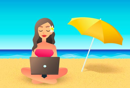 Young woman using laptop computer on a beach. Freelance work concept. Cartoon flat girl working near the ocean. Freelancer working on vacation.