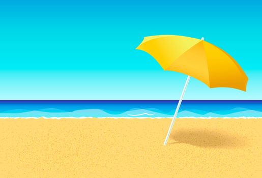 Beach umbrella on a deserted beach near ocean. Vacation flat concept. Empty beach without people with parasol and blue sky at sea background. Horizontal poster, banner or flyer for a holiday party with an empty space for text
