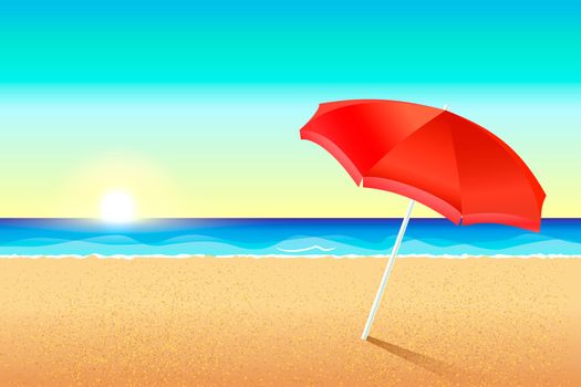 Beautiful beach. Sunset or dawn on the coast of the sea. A red umbrella stands in the sand. The sun sets over the ocean. Background for the flyer, leaflets, invitations to the beach party. Summer backdrop for banner