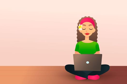 Cute creative girl sits on the wooden floor and studies with laptop. Beautiful cartoon girl using notebook. Female blogger concept. Flat lady working on laptop. Workplace. Fashion blog