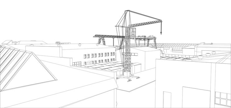 Industrial buildings outline. Wire-frame style. 3d illustration