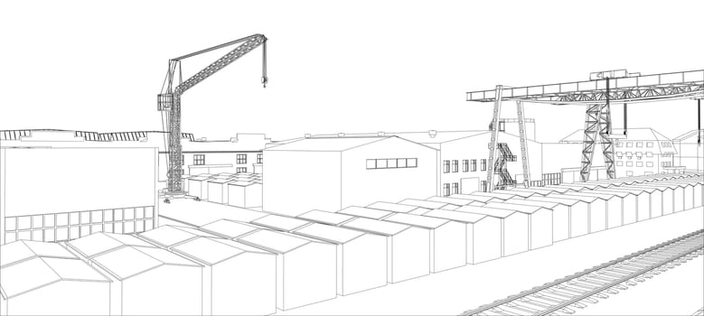 Industrial buildings outline. Wire-frame style. 3d illustration