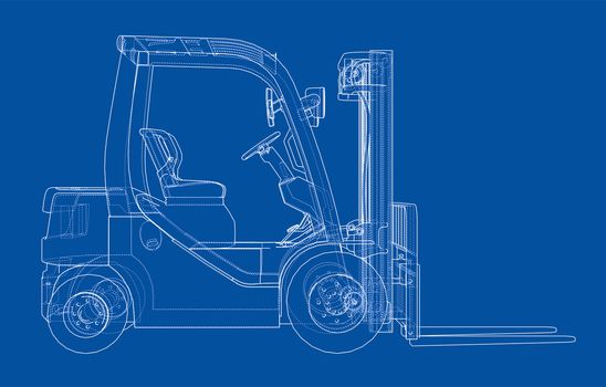 Forklift concept. 3d illustration. Wire-frame style. Blue background