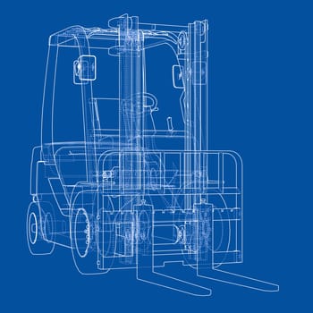 Forklift concept. 3d illustration. Wire-frame style. Blue background