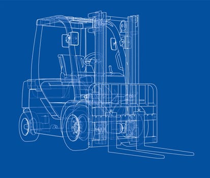 Forklift concept. 3d illustration. Wire-frame style. Blue background