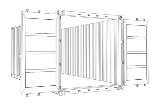 Open Empty Cargo Container. Wire-frame style. 3d illustration