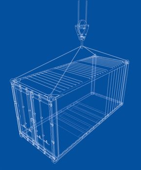 Cargo container on blue background. Wire-frame style. 3d illustration