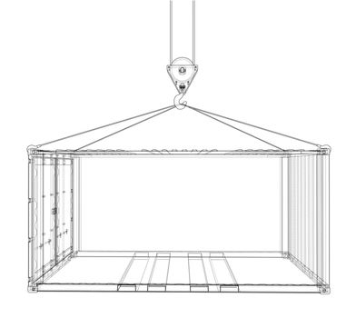 Cargo container on white background. Wire-frame style. 3d illustration