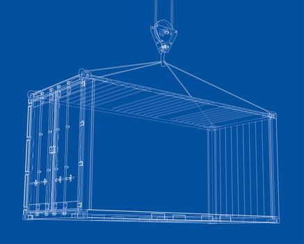 Cargo container on blue background. Wire-frame style. 3d illustration