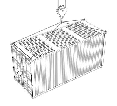 Cargo container on white background. Wire-frame style. 3d illustration