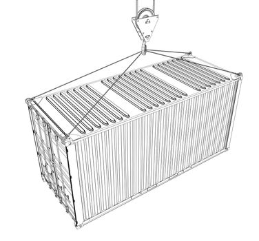 Cargo container on white background. Wire-frame style. 3d illustration