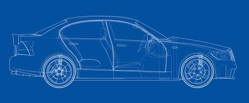 Concept car sketch. 3d illustration. Wire-frame style