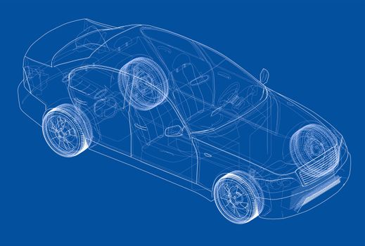 Concept car sketch. 3d illustration. Wire-frame style