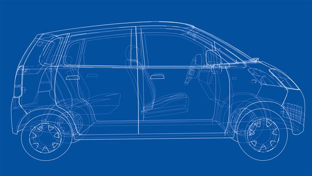 Small Car Sketch. 3d illustration. Wire-frame style