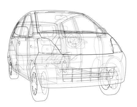 Small Car Sketch. 3d illustration. Wire-frame style