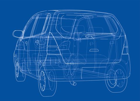 Small Car Sketch. 3d illustration. Wire-frame style