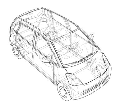 Small Car Sketch. 3d illustration. Wire-frame style