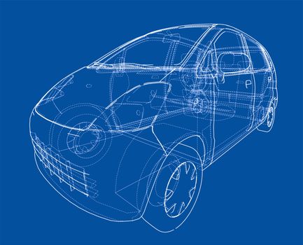 Small Car Sketch. 3d illustration. Wire-frame style