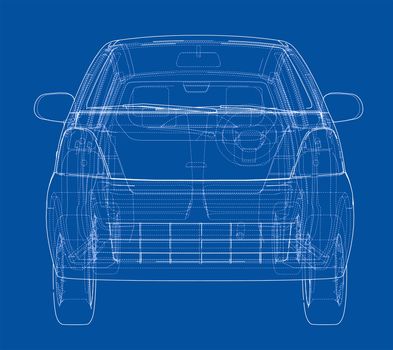 Small Car Sketch. 3d illustration. Wire-frame style