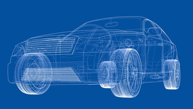 Concept car outline. 3d illustration. Wire-frame style