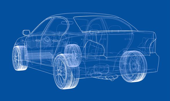 Concept car outline. 3d illustration. Wire-frame style